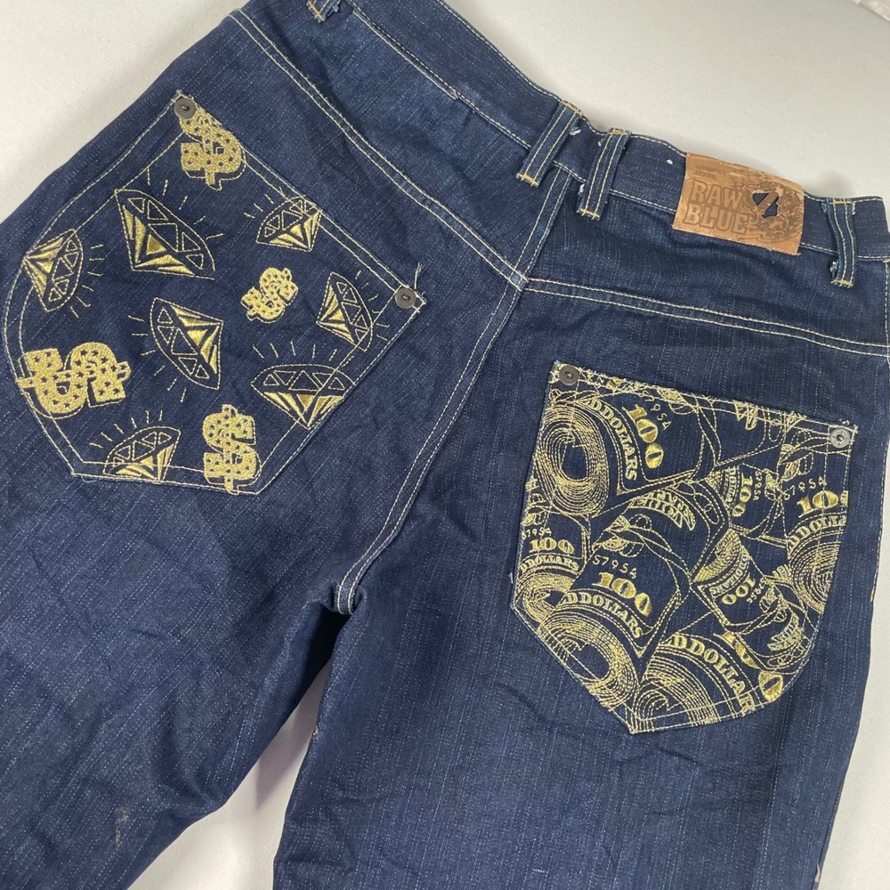 Raw Blue Denim Jeans Money Diamonds Graphic Embroidered Pockets‎ Mens Size 34x31